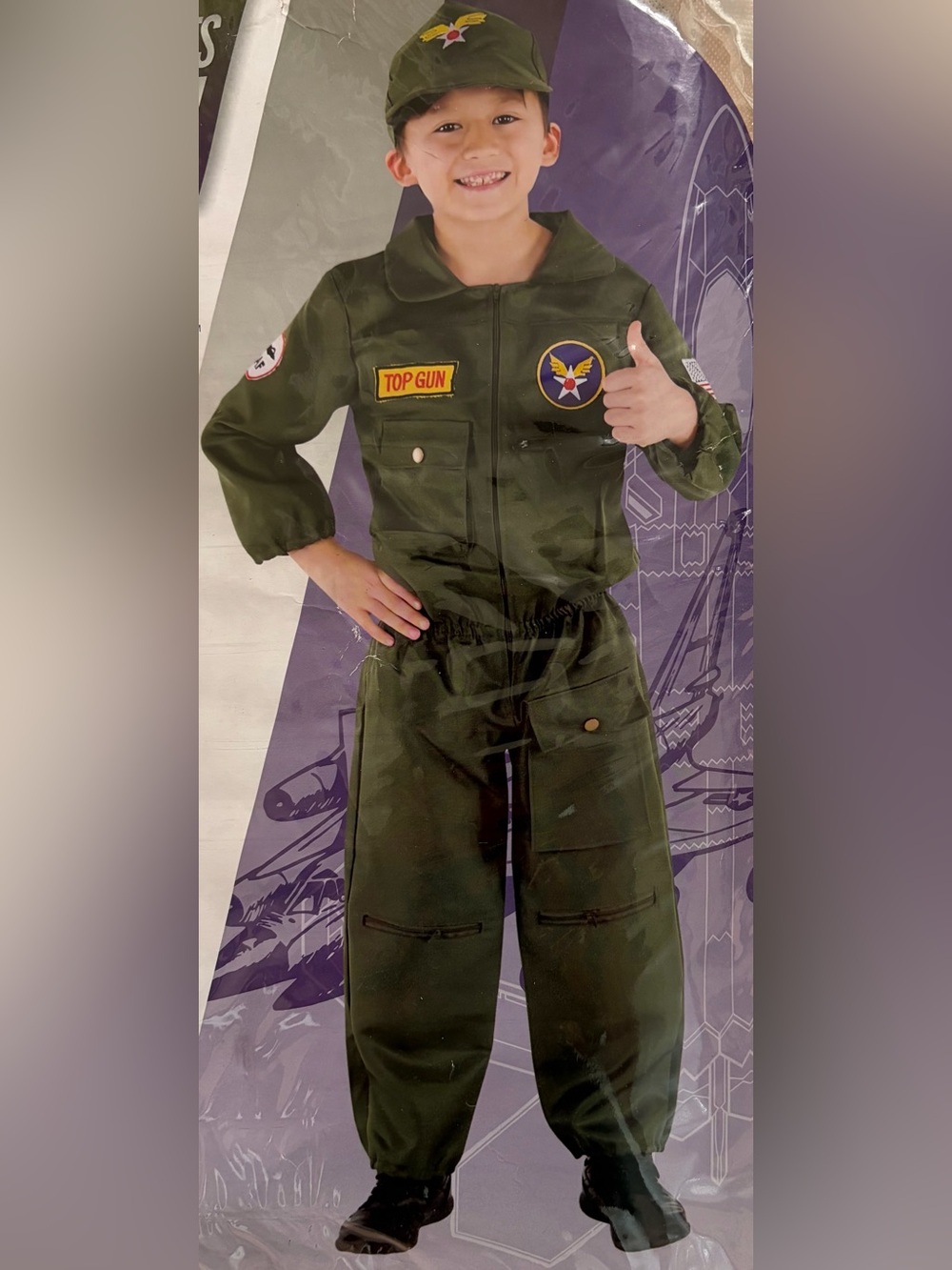 Kids Olive Green Pilot Dress-Up Costume with Patches